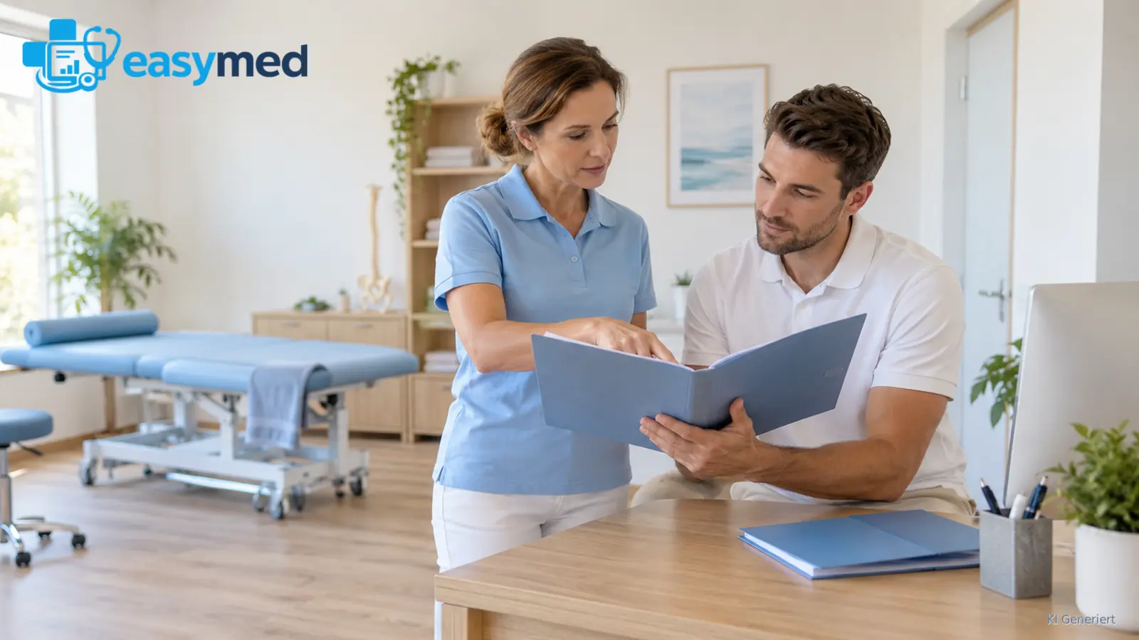 Zwei Physiotherapiefachkräfte stimmen den Ablauf der Patientenaufnahme ab.