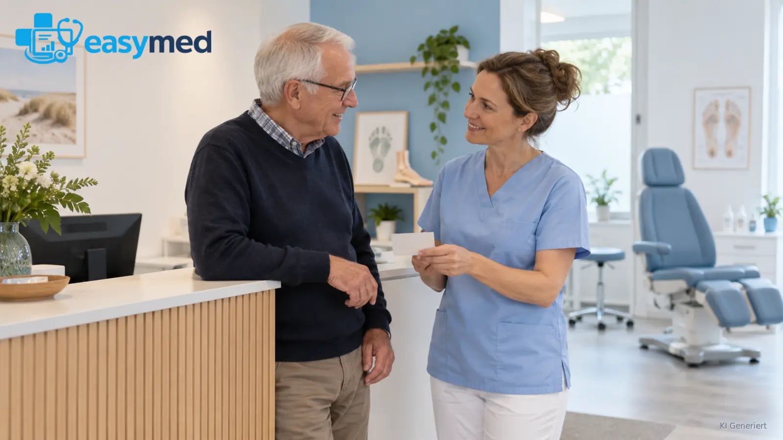 Podologin bespricht wiederkehrende Termine mit einem älteren Patienten.