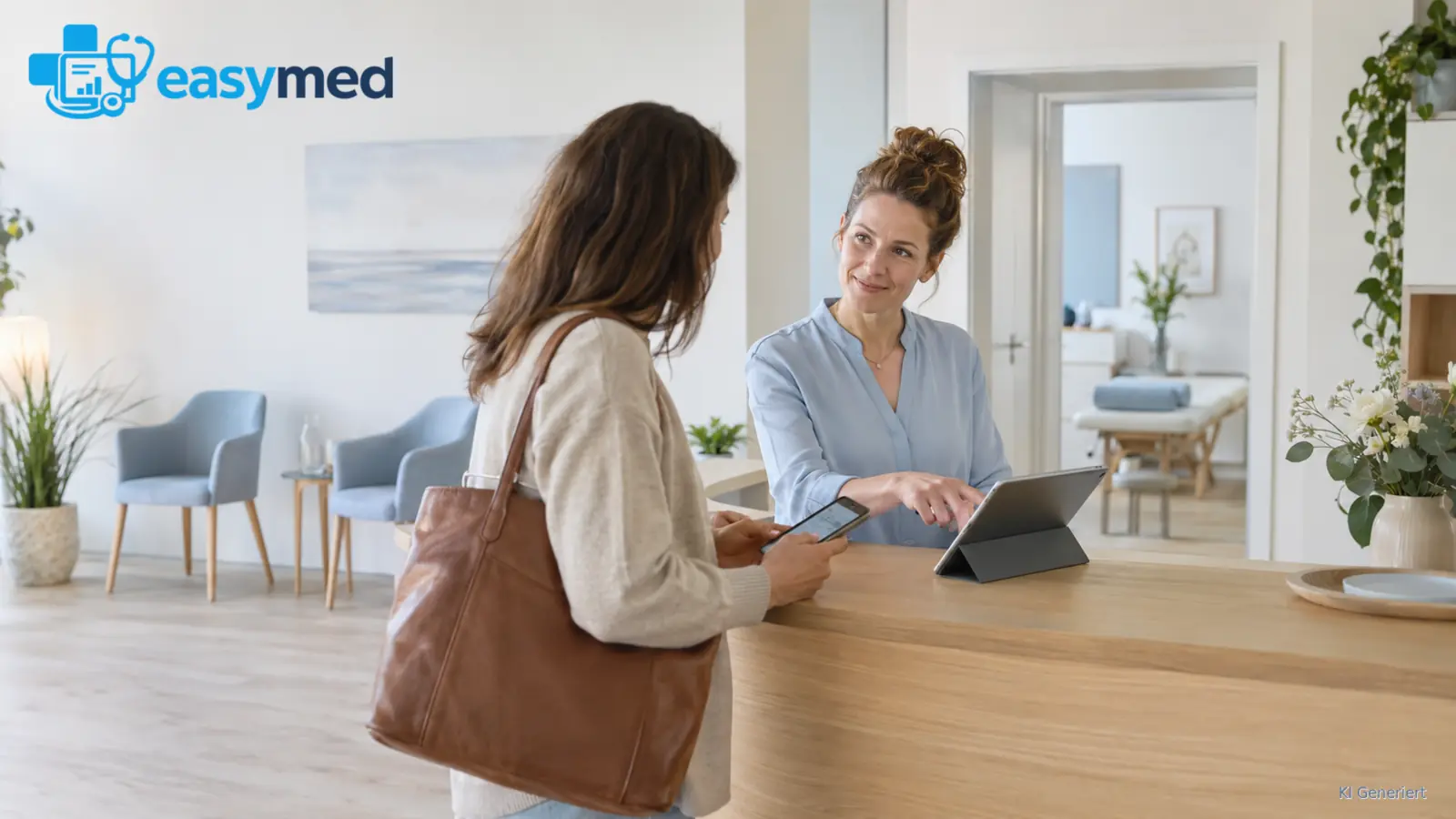 Empfangskraft und Patient besprechen den Eingang digitaler Unterlagen.