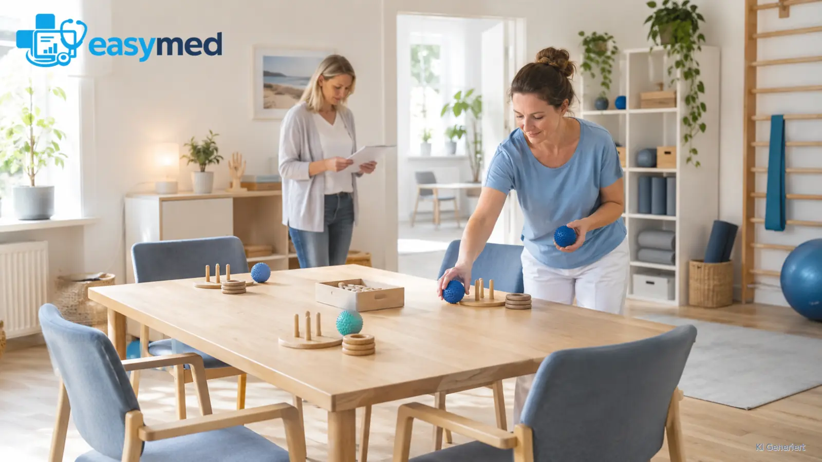 Ergotherapeutin bereitet Materialien und Plätze für ein Gruppenangebot vor.