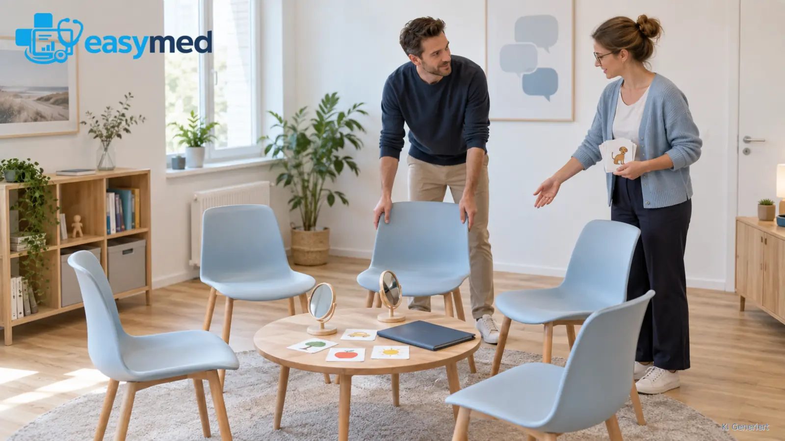 Logopädieteam organisiert Raum und Materialien für ein Gruppenangebot.