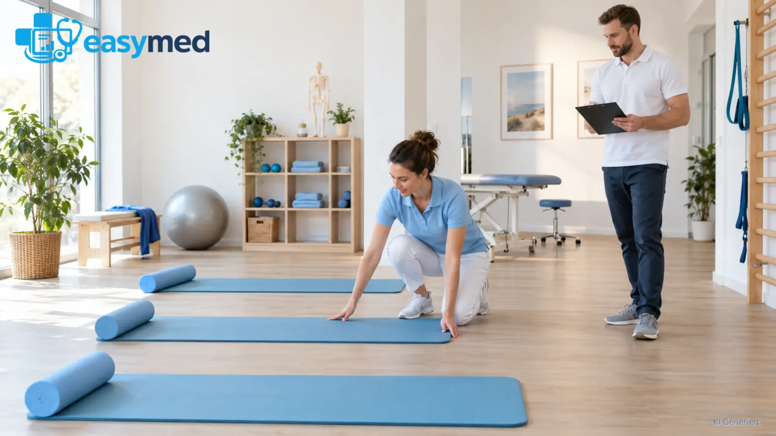 Physiotherapieteam prüft Platz und Ausstattung für eine Gruppeneinheit.