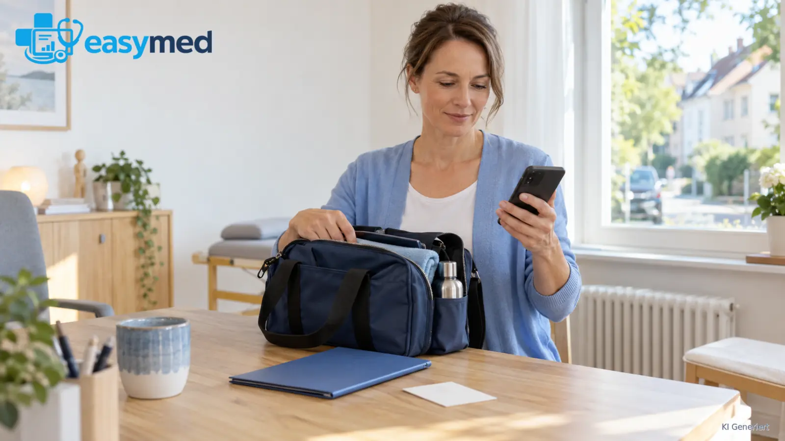 Therapeutin bereitet Unterlagen und Tasche für einen privaten Hausbesuch vor.