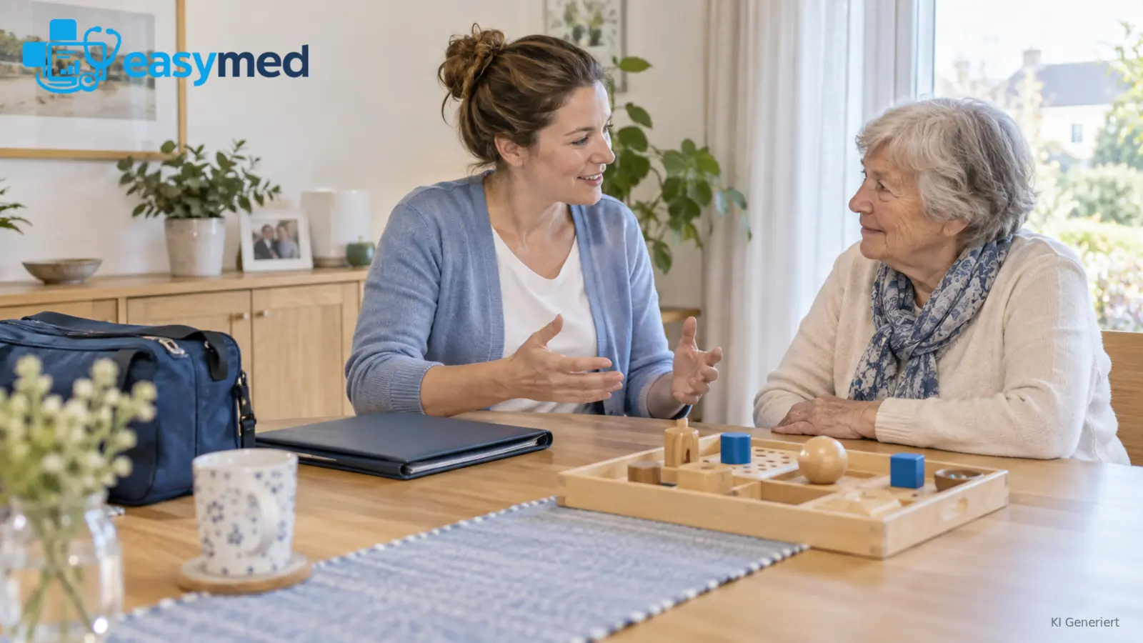 Ergotherapeutin bespricht den Hausbesuch mit einer älteren Person zu Hause.
