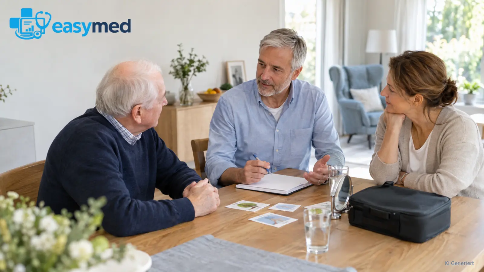 Logopäde bespricht Kontaktwege für den Hausbesuch mit Patient und Angehöriger.