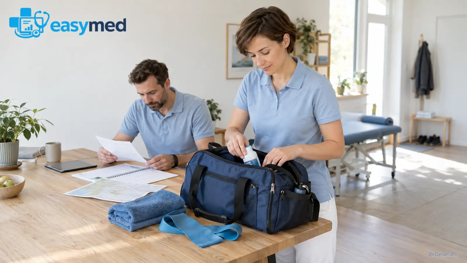Physiotherapieteam stimmt Tagesplanung und Tasche für Hausbesuche ab.