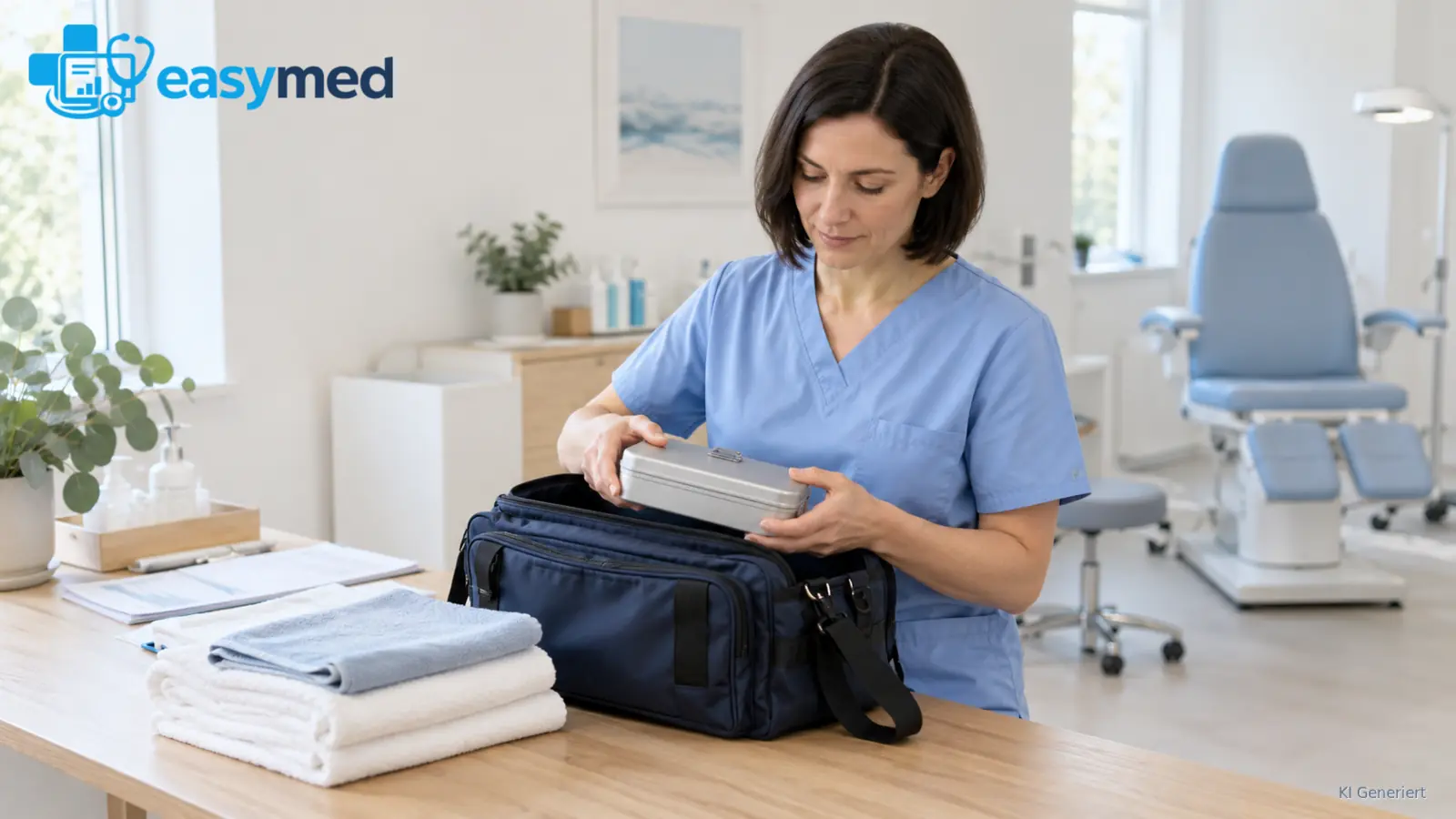 Podologin kontrolliert Tasche und Arbeitsmittel vor einem Hausbesuch.