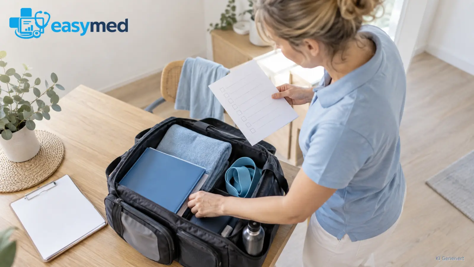Therapeutische Hausbesuchstasche wird mit einer Packcheckliste vorbereitet.