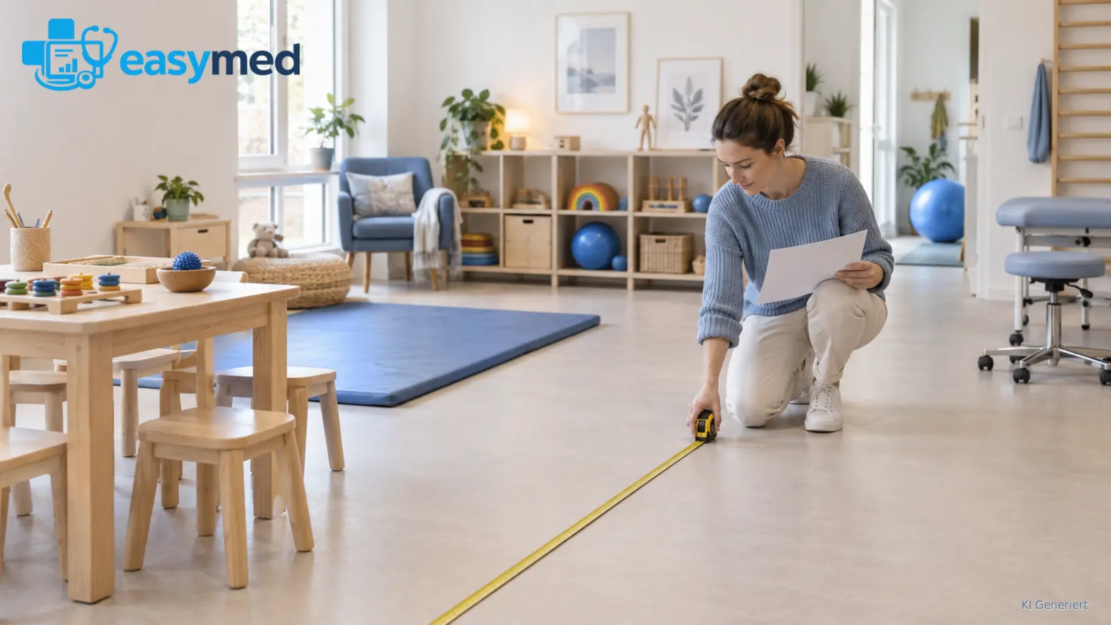 Ergotherapeutin überprüft Arbeitsflächen und Laufwege im Therapieraum.