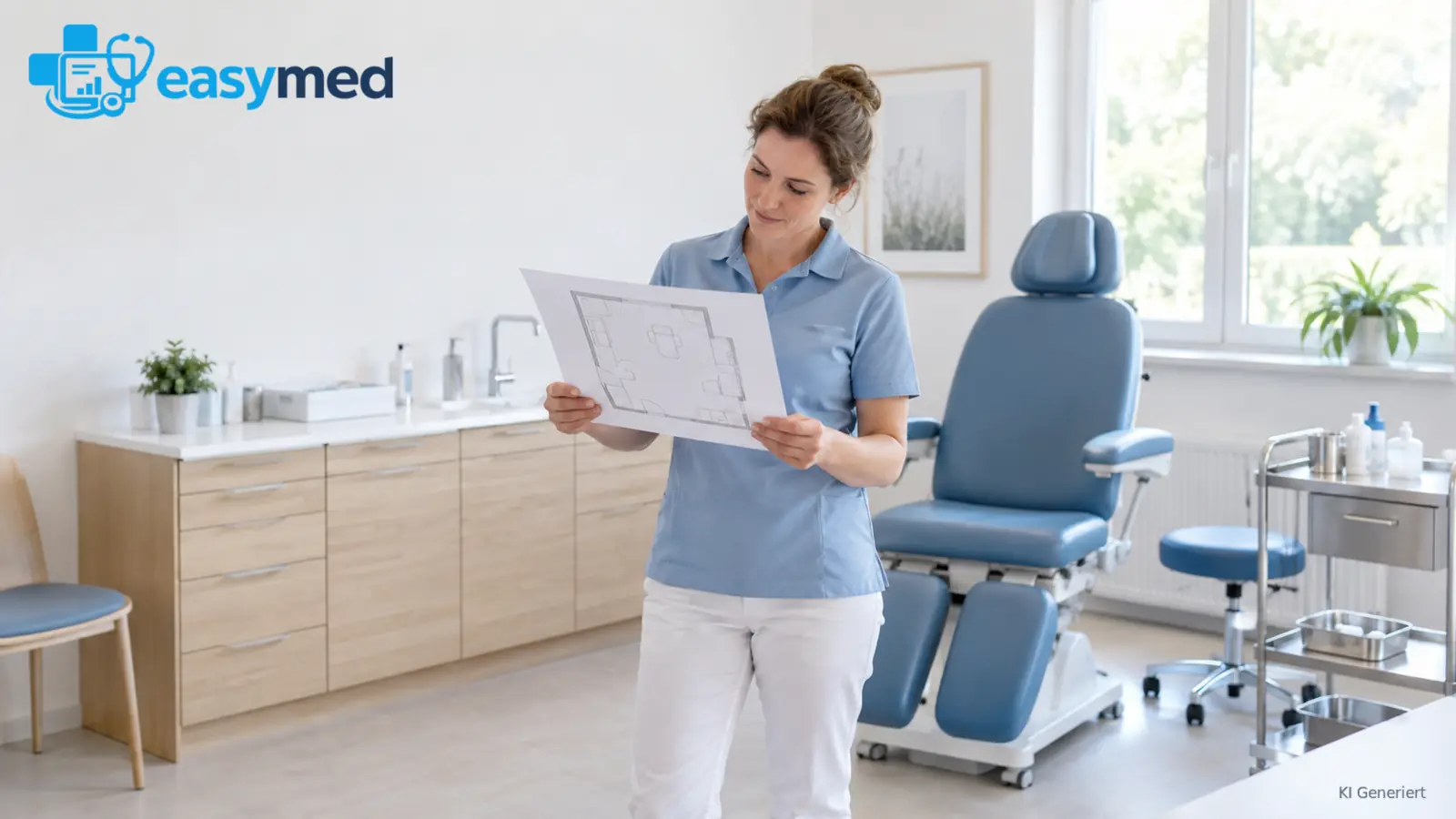 Podologin betrachtet Arbeitswege und Einrichtung im Behandlungsraum.