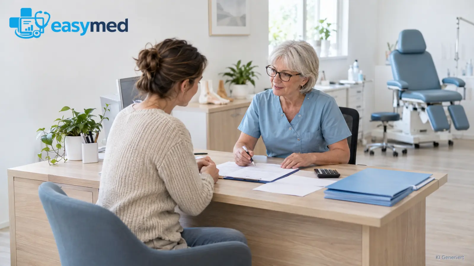 Podologin erläutert einer Patientin organisatorische Fragen zu Preisunterlagen.