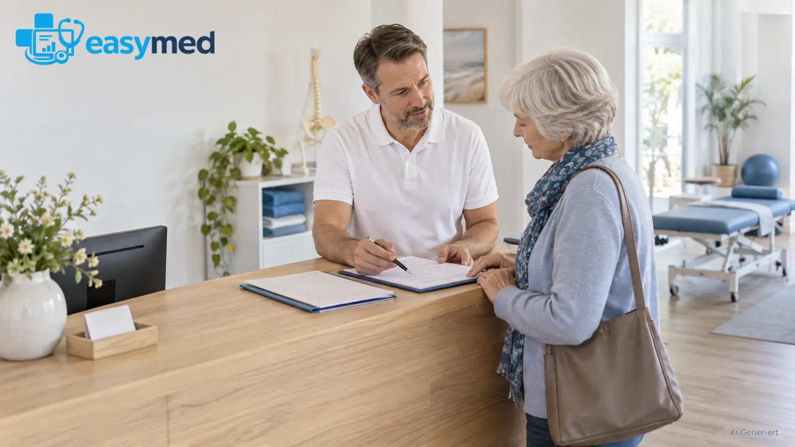 Physiotherapeut erläutert einer Patientin Fragen zu Kostenunterlagen.