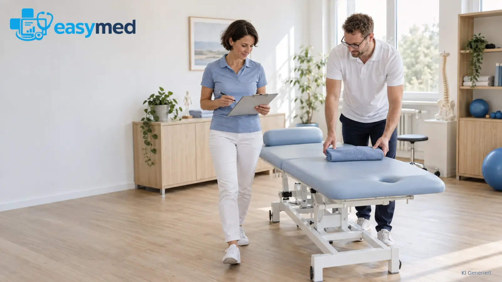 Physiotherapiegründer prüfen Einrichtung und Ablauf vor der Eröffnung.