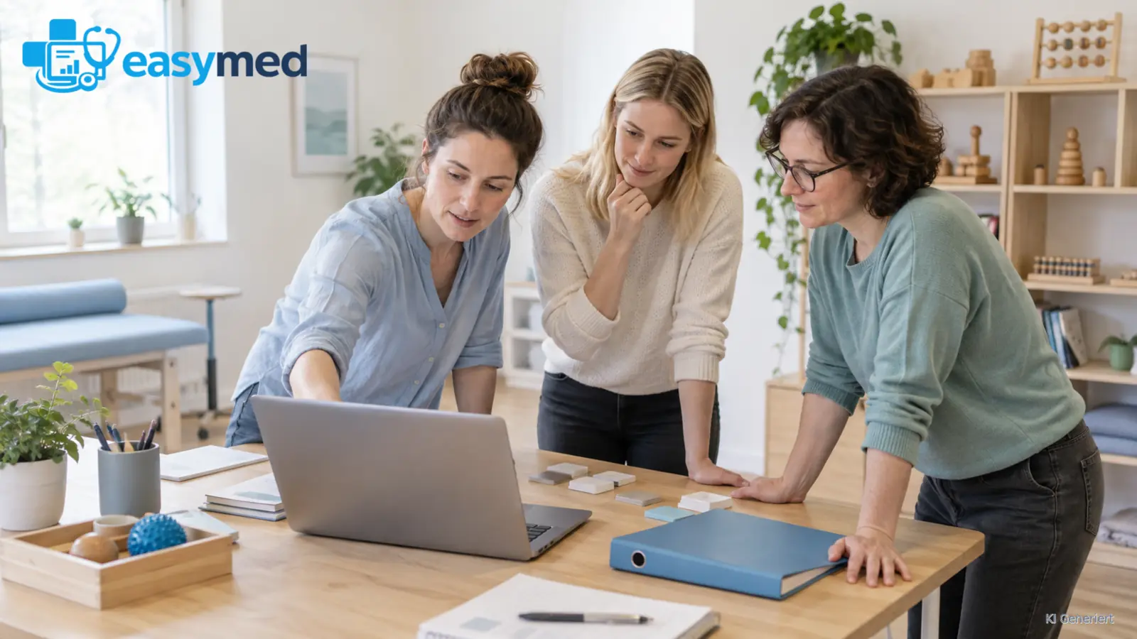 Ergotherapieteam stimmt Zuständigkeiten für ein digitales Praxisprojekt ab.