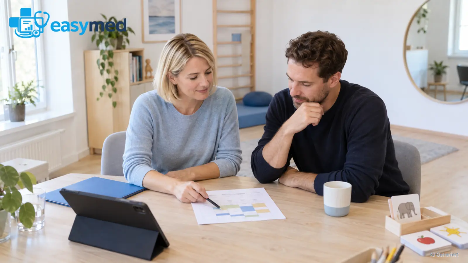 Logopädieteam prüft Kontaktwege und Terminfolgen für ein digitales Projekt.