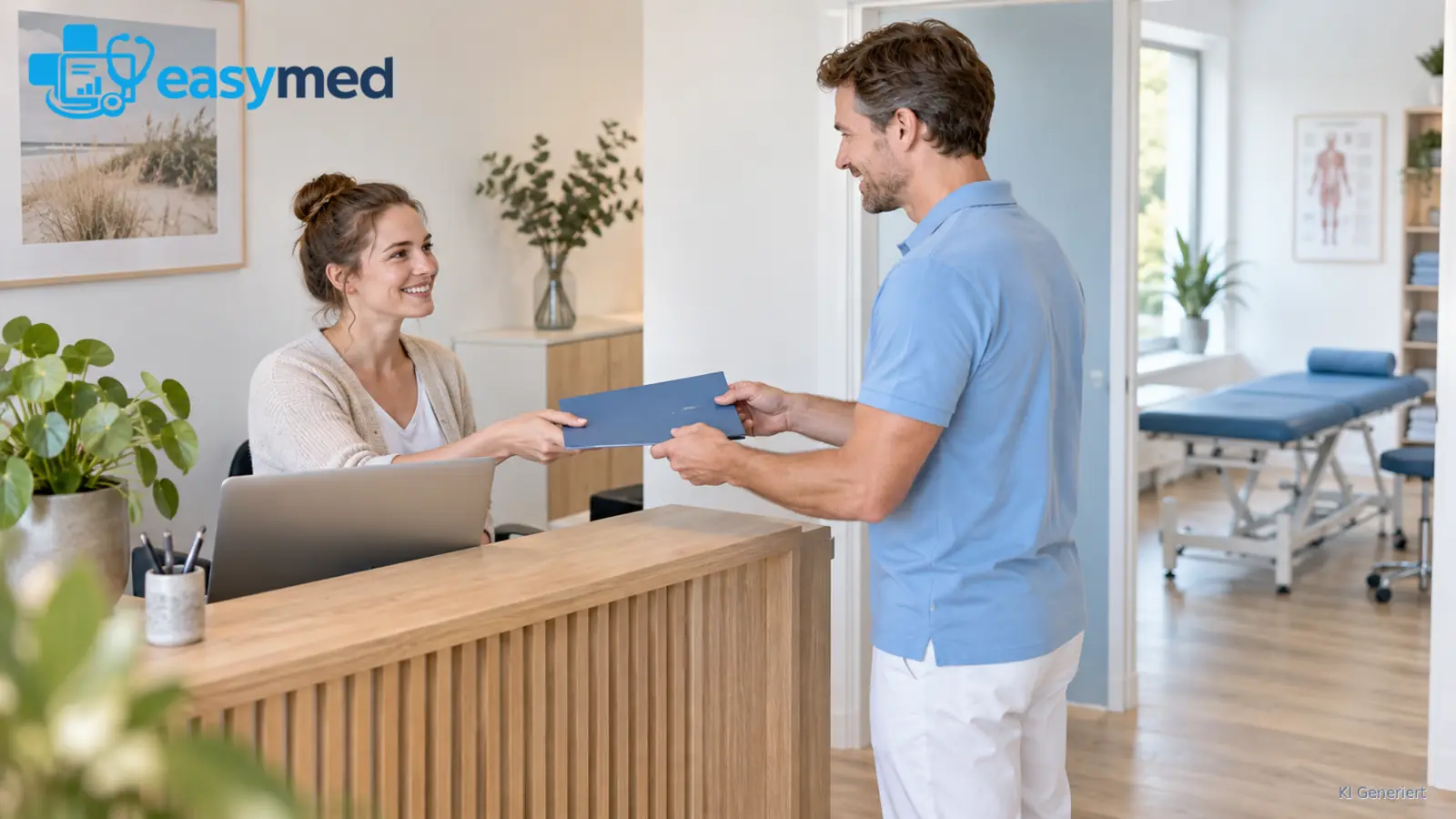 Physiotherapeut und Empfangskraft prüfen die Übergabe zwischen ihren Arbeitsplätzen.