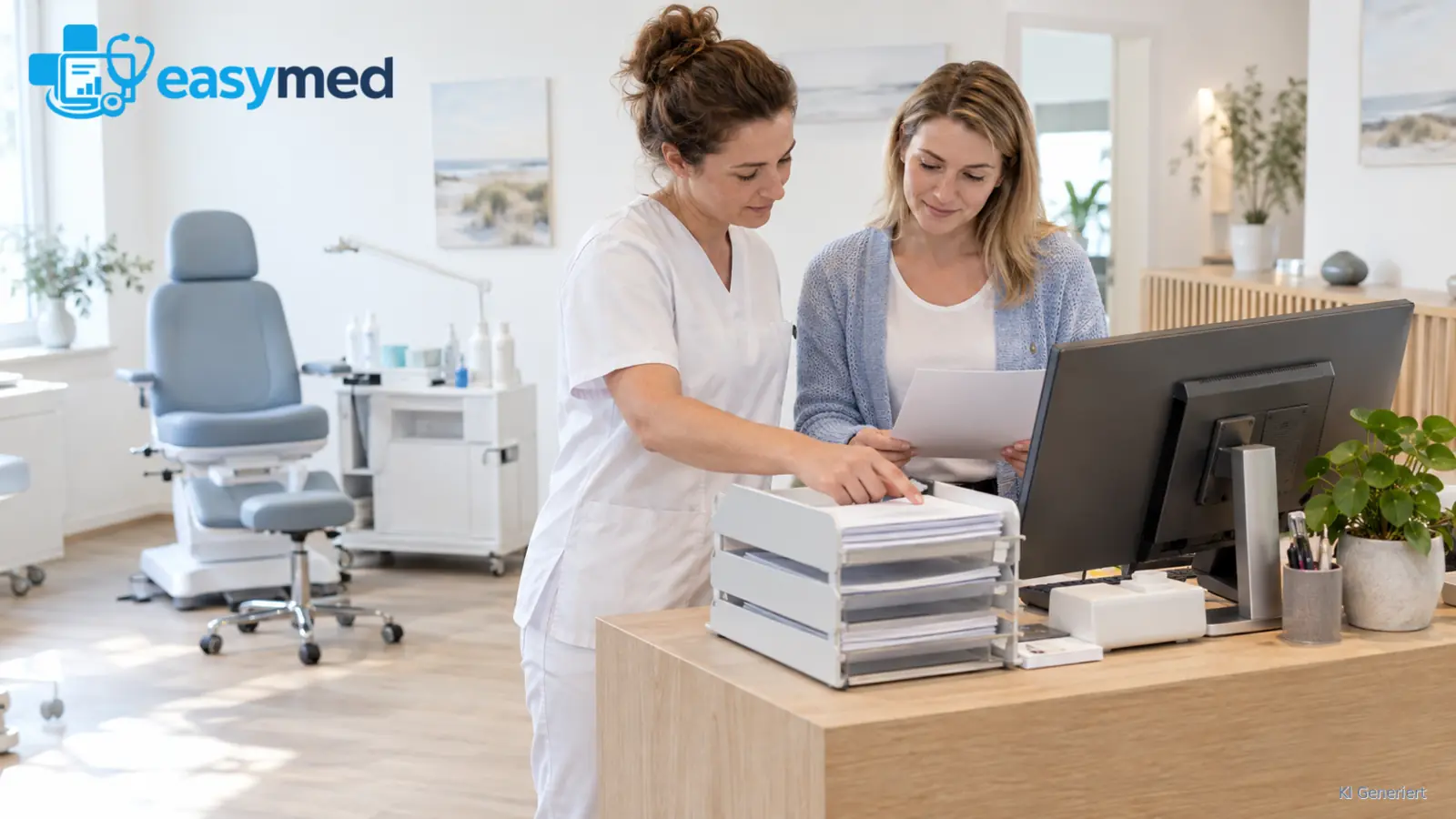 Podologiepraxis prüft Unterlagenweg und digitalen Arbeitsplatz.