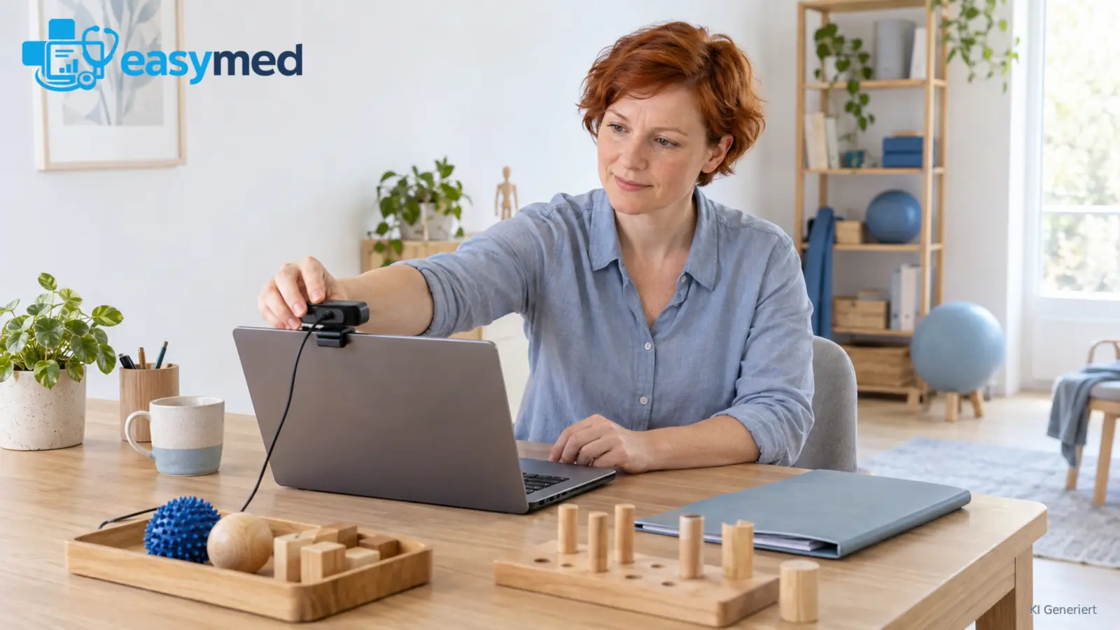 Ergotherapeutin bereitet den Arbeitsplatz für eine Videositzung vor.