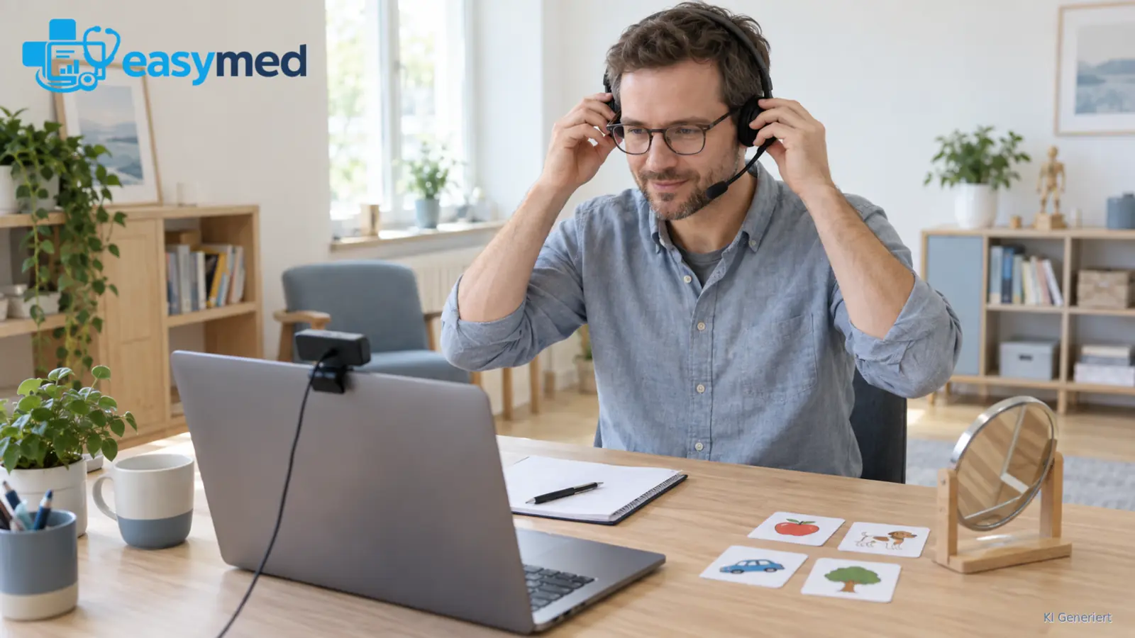 Logopäde prüft Headset und Arbeitsplatz für einen Videotermin.