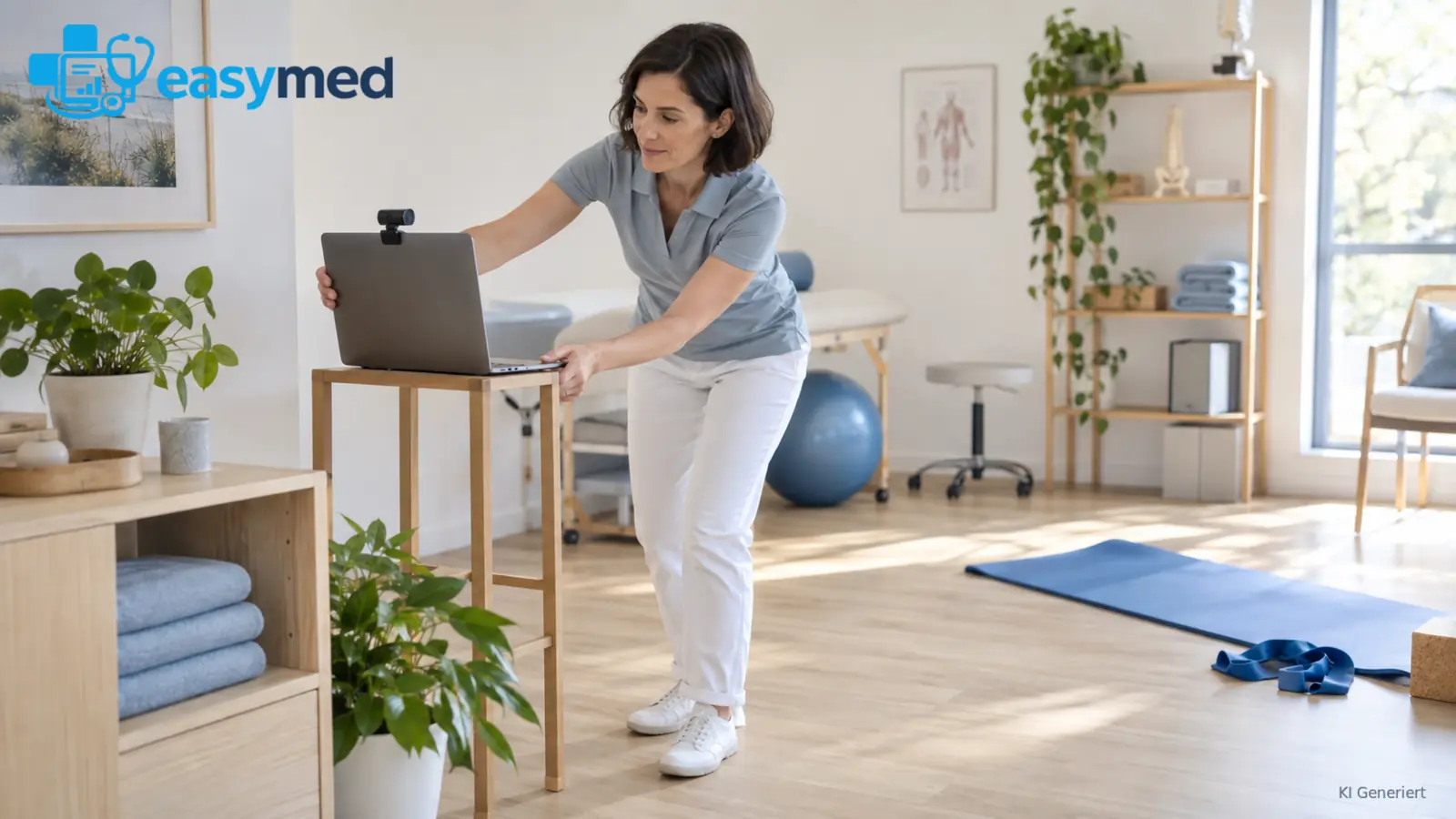 Physiotherapeutin prüft Arbeitsplatz und Bewegungsfläche für einen Videotermin.