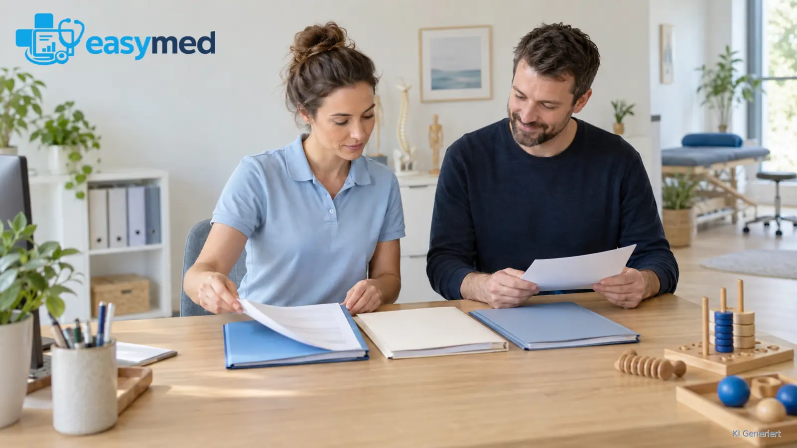 Ergotherapieteam ordnet unterschiedliche Unterlagenwege vor dem Praxisstart.
