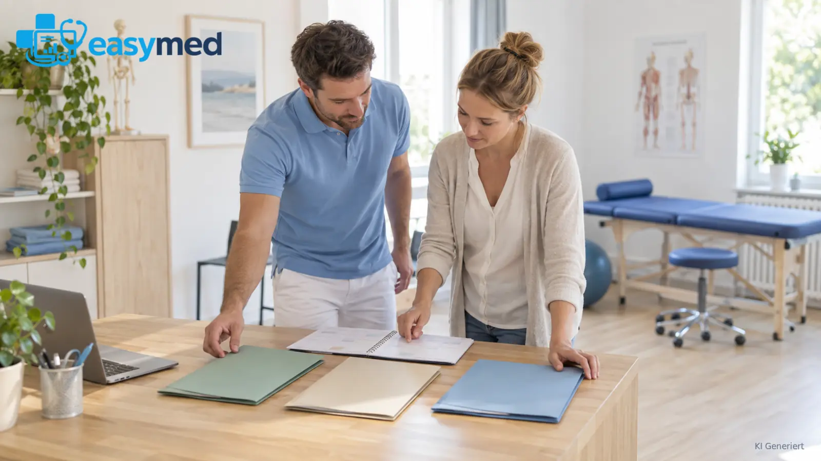 Physiotherapieteam bereitet getrennte Unterlagen für verschiedene Vorgänge vor.