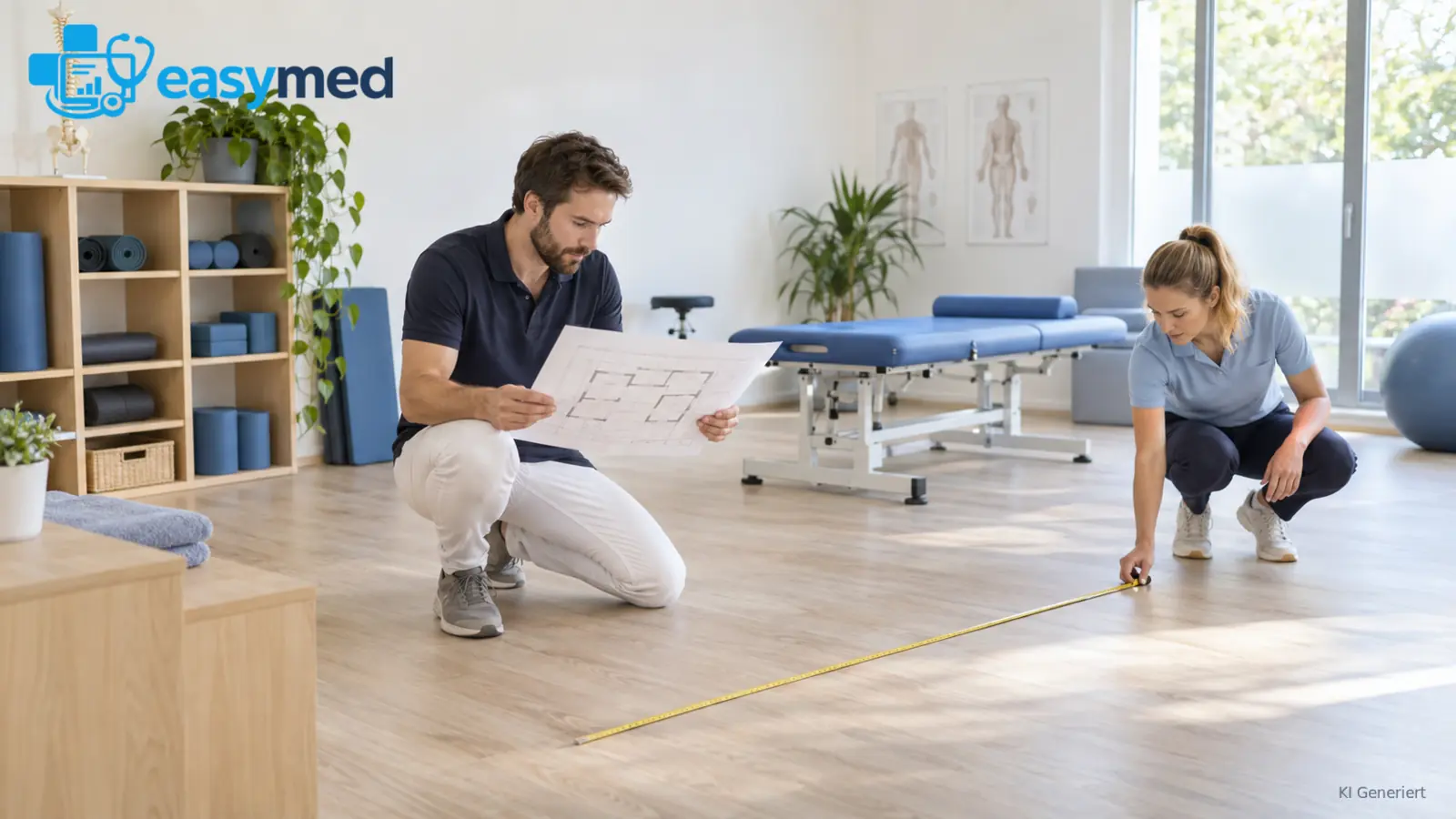 Physiotherapieteam überprüft Grundriss und Behandlungsflächen der Praxis.