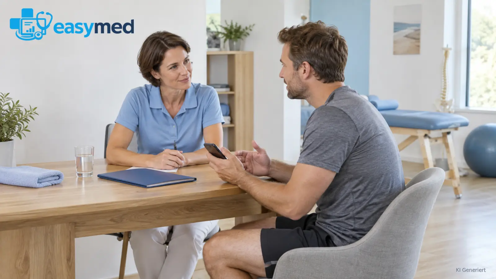 Therapeutin bespricht eine sportbezogene Frage mit einem Patienten.
