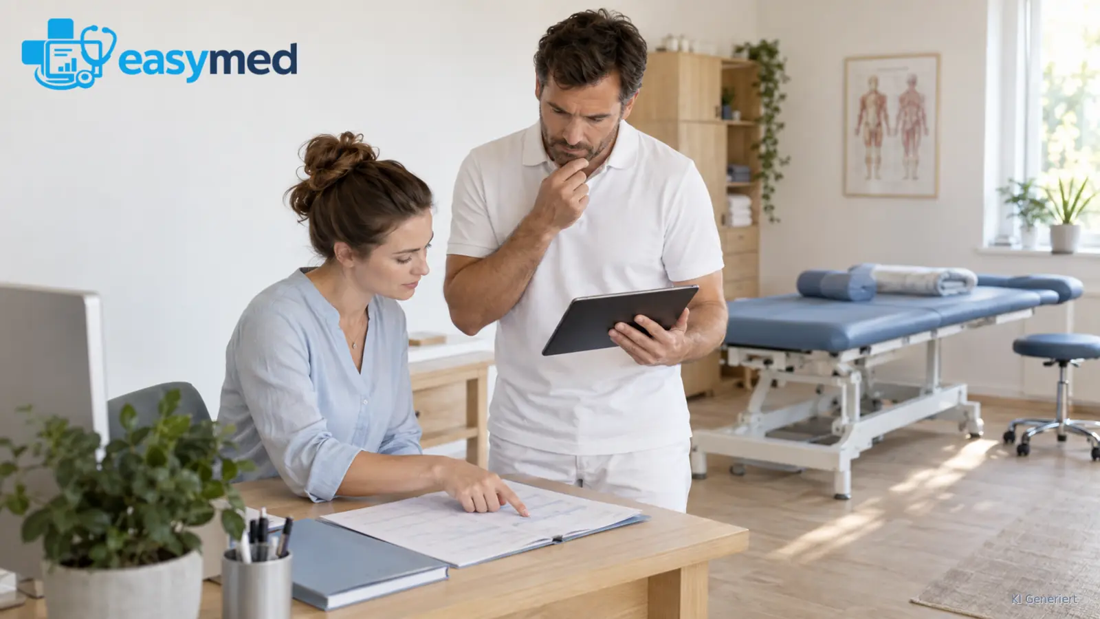 Osteopath und Kollegin prüfen Unterlagen und Termine eines Behandlungsverlaufs.