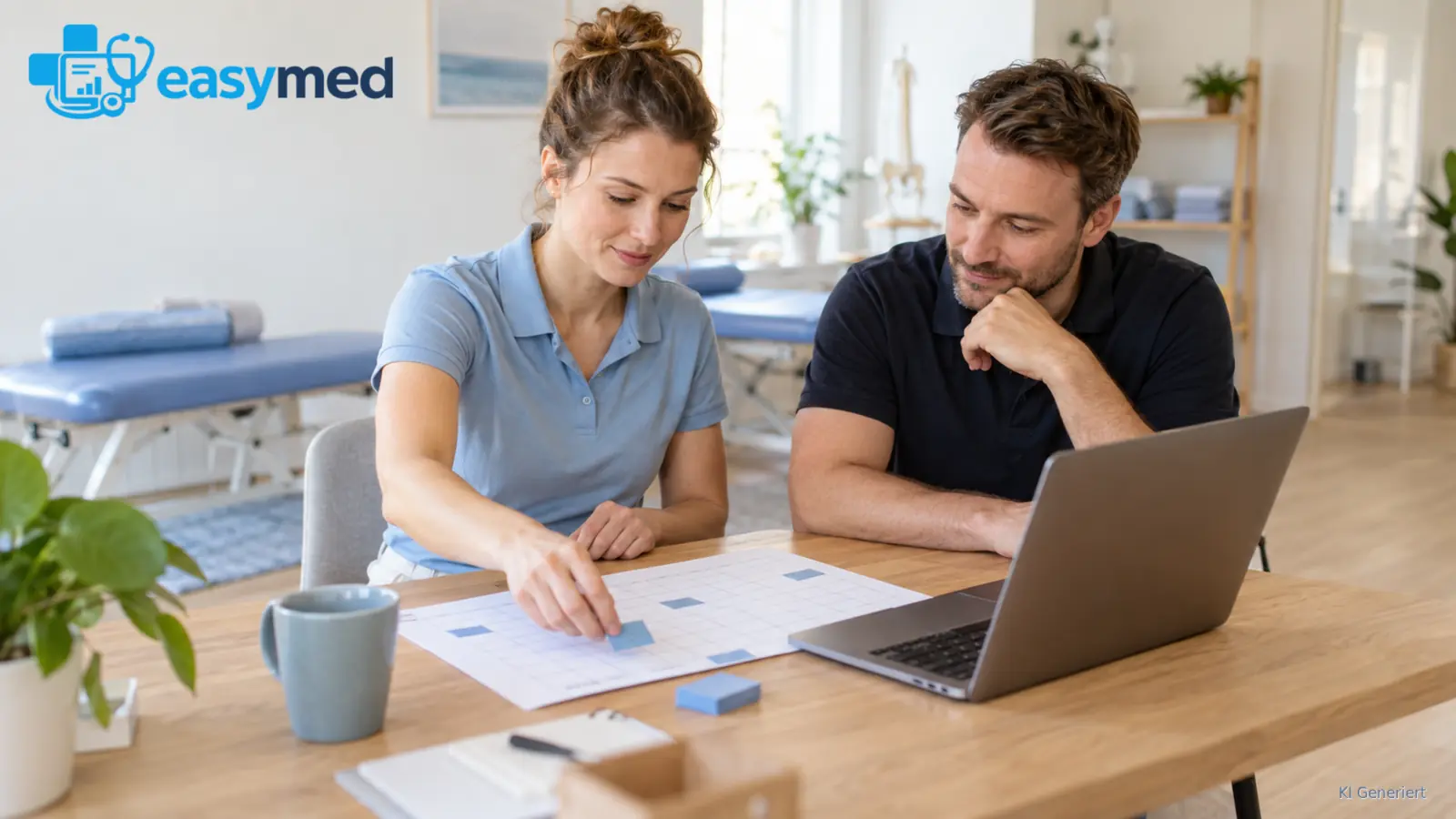 Physiotherapieteam prüft eine Terminänderung im gemeinsamen digitalen Ablauf.