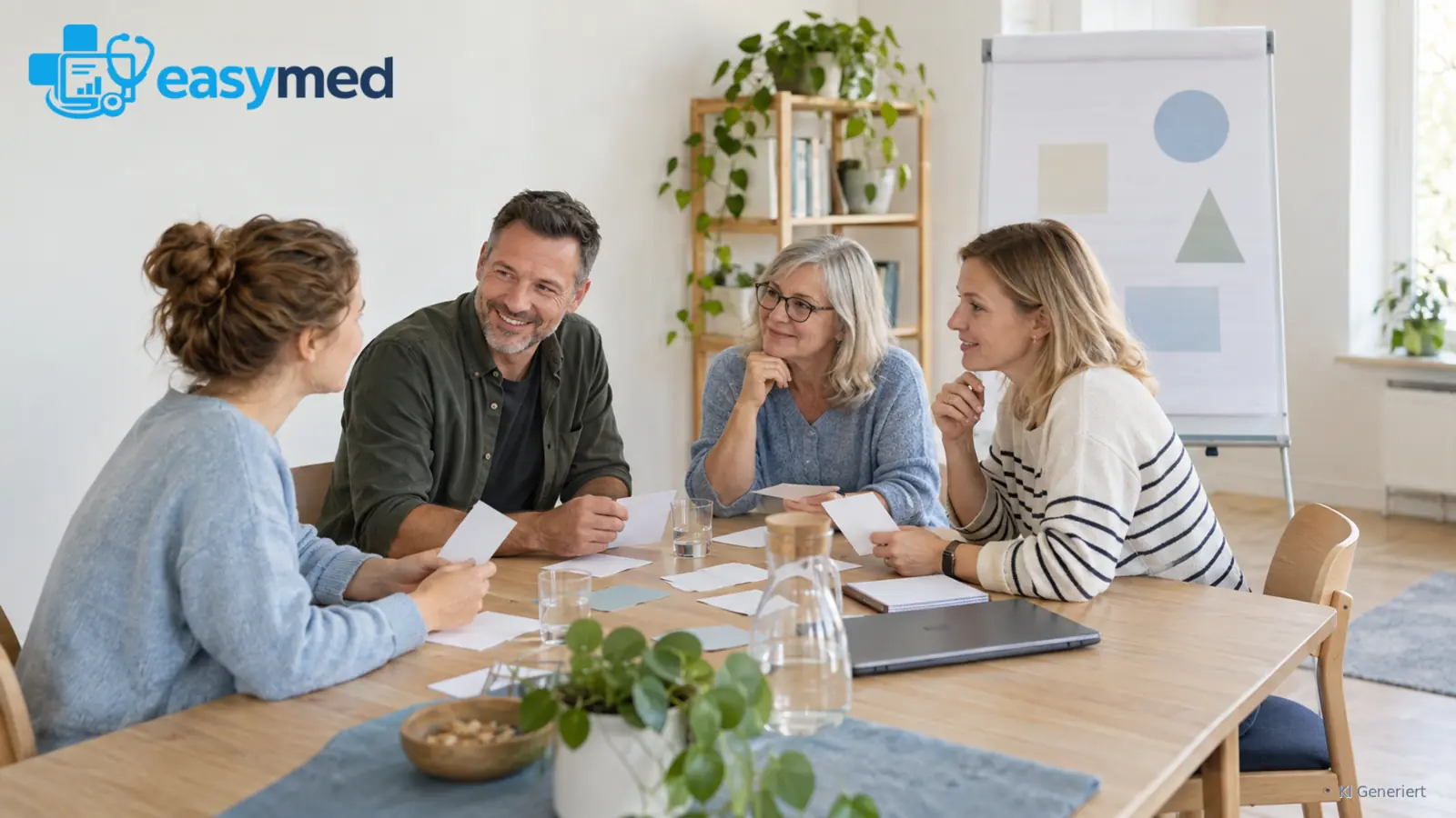 Praxisteam bespricht Arbeitsfragen bei einer gemeinsamen Klausur.