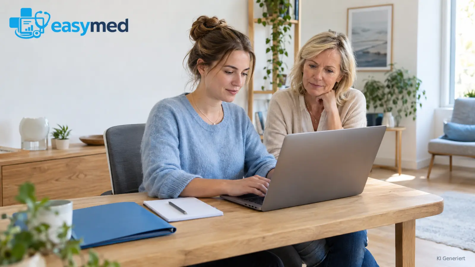 Zwei Praxismitarbeiterinnen prüfen einen Arbeitsablauf am Laptop.