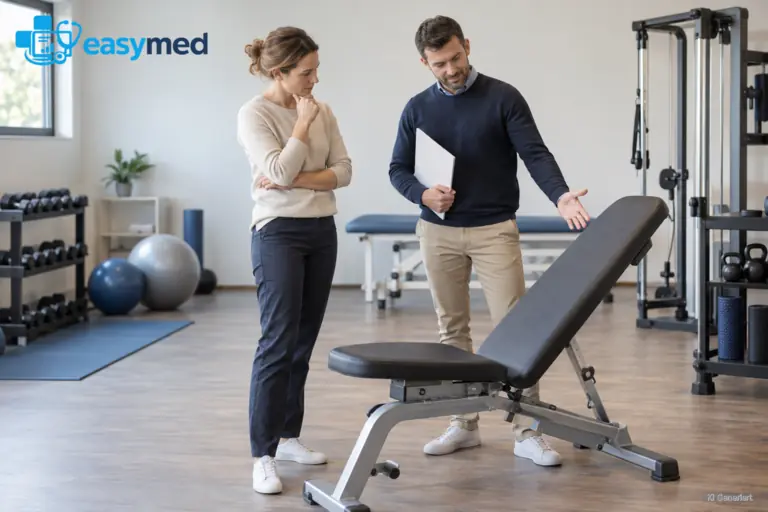 Eine Praxisinhaberin betrachtet mit einem Lieferanten eine verstellbare Trainingsbank.