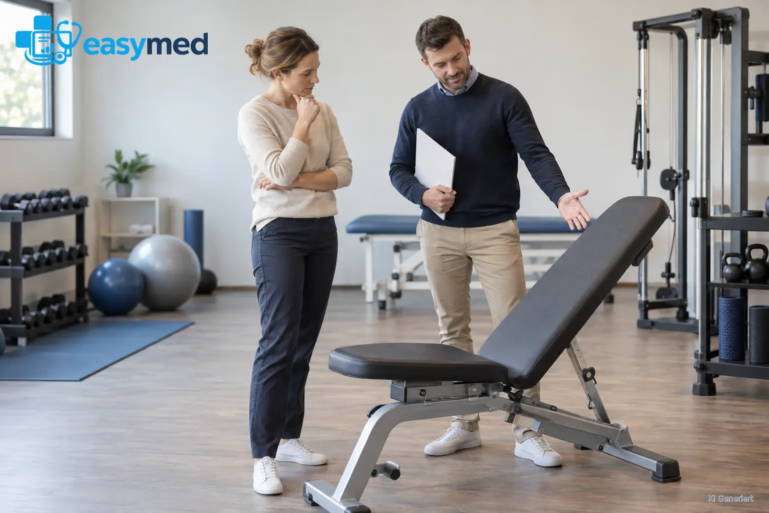 Eine Praxisinhaberin betrachtet mit einem Lieferanten eine verstellbare Trainingsbank.