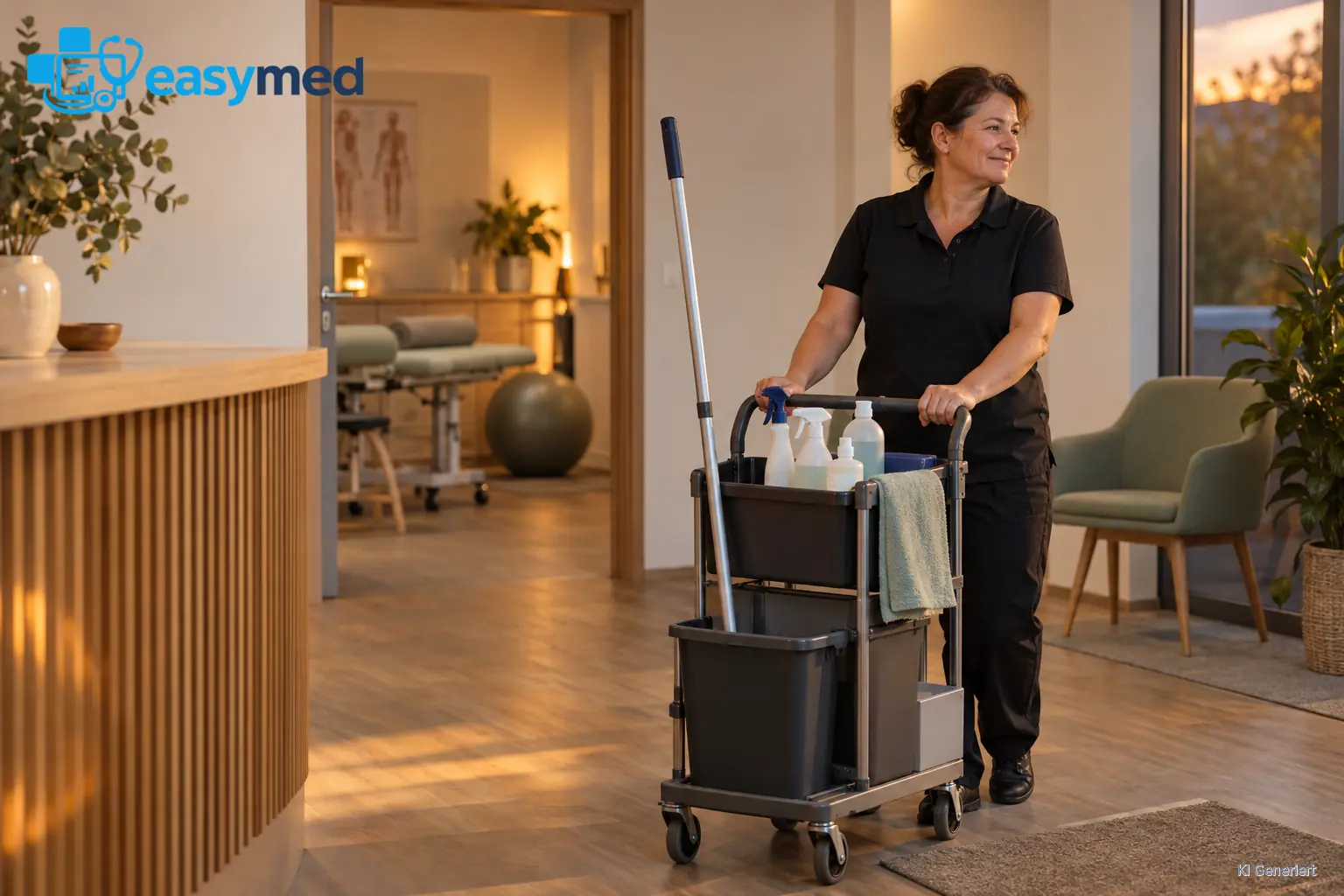 Reinigungskraft mit einem Rollwagen nach der Reinigung im Empfangsbereich einer Therapiepraxis