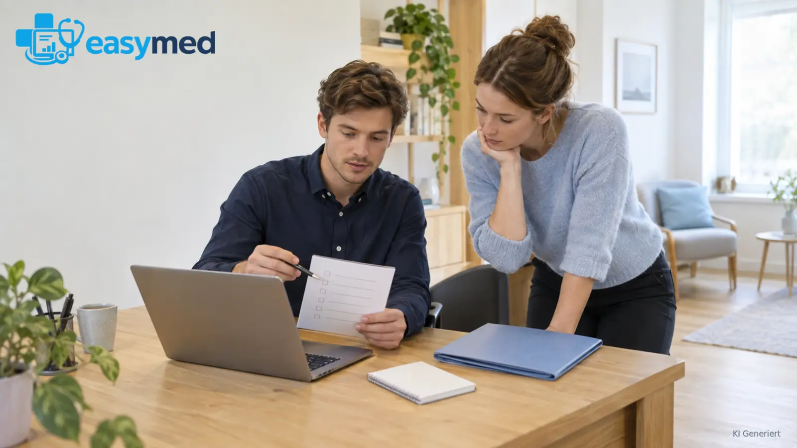 Praxismitarbeiter bereitet eine technische Rückfrage anhand eines Arbeitsablaufs vor.