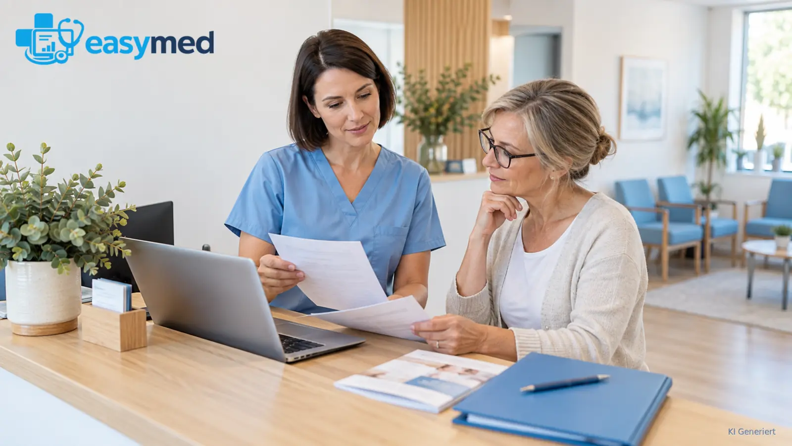 Zwei Praxismitarbeiterinnen prüfen Entwürfe für Patienteninformationen.