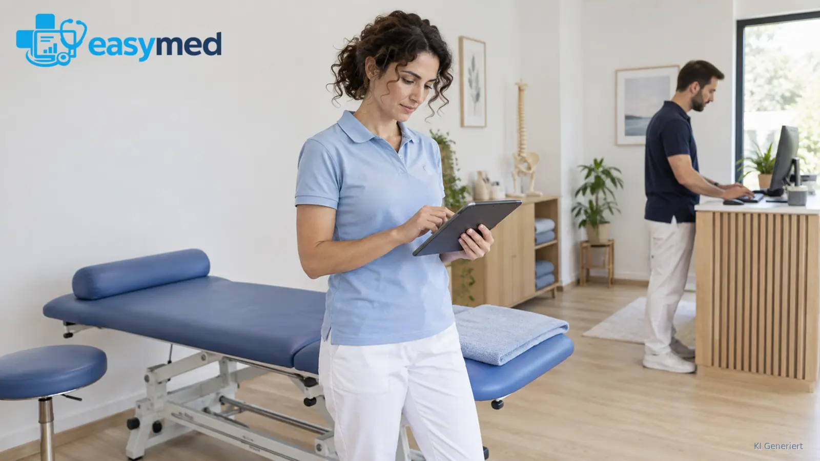 Praxisteam prüft Tablet und Arbeitsplatz unter den Bedingungen des Behandlungsraums.