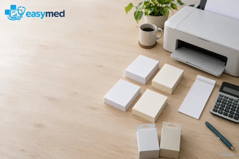 Vier getrennte Papierstapel liegen neben Drucker, Rechner, leeren Verpackungen und einem Papierblatt.