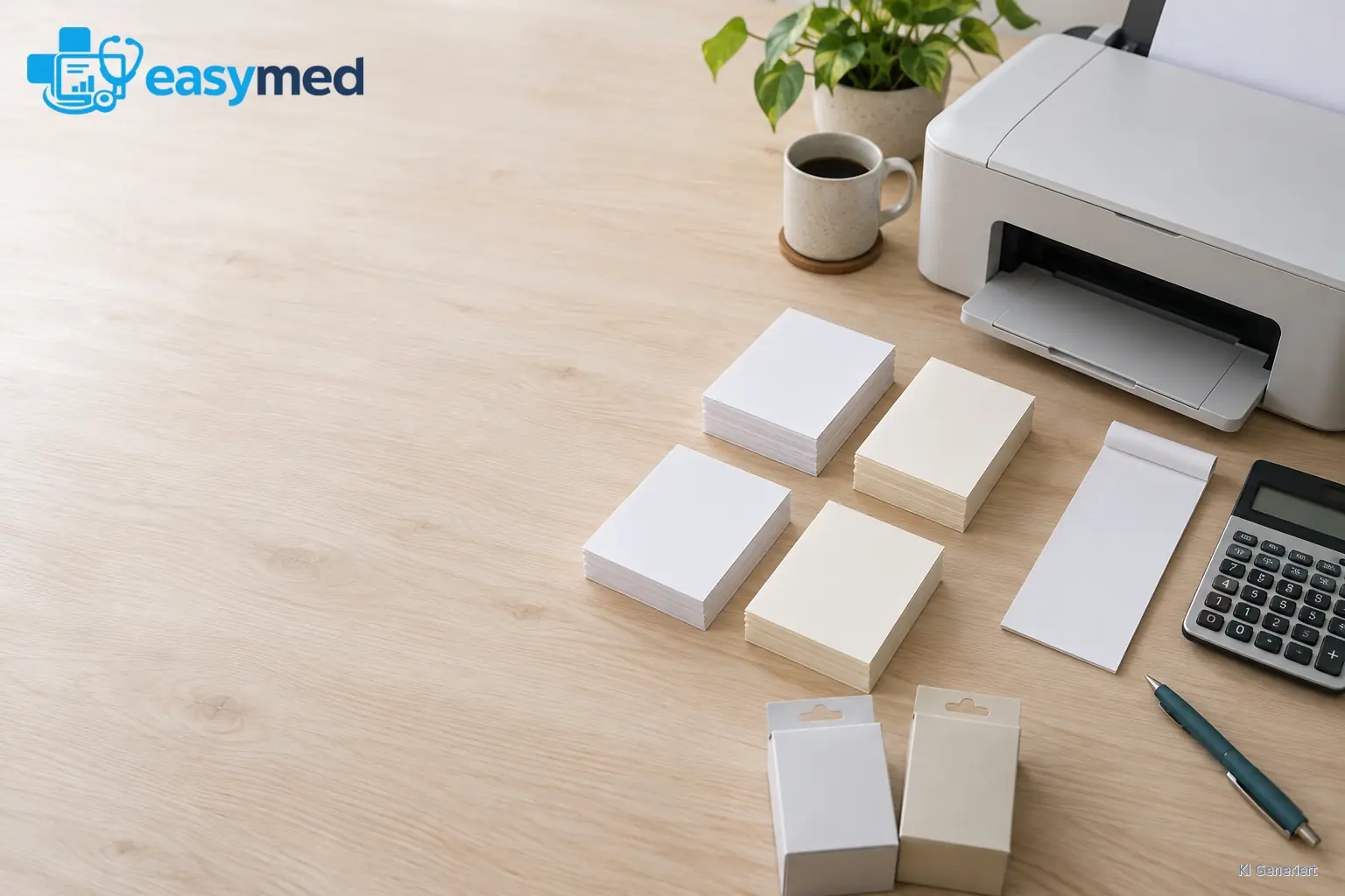 Vier getrennte Papierstapel liegen neben Drucker, Rechner, leeren Verpackungen und einem Papierblatt.