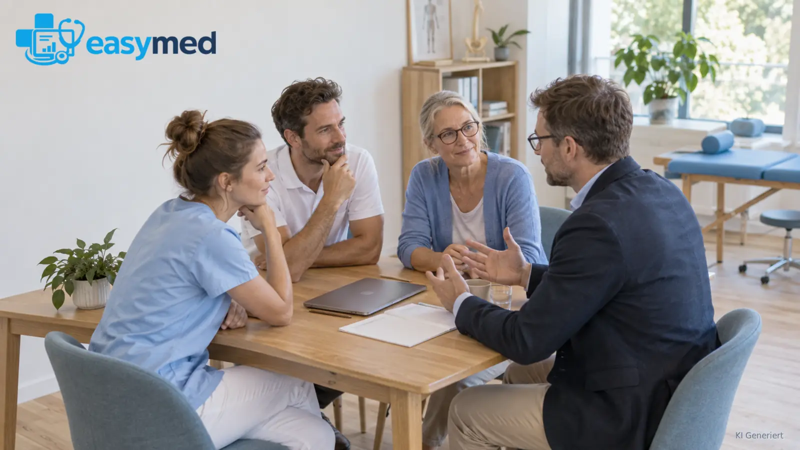Praxisleitung, Team und Berater besprechen Anforderungen an einen digitalen Ablauf.