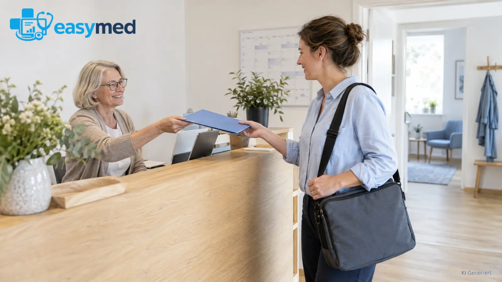 Empfangskraft übergibt einer Therapeutin Unterlagen vor einem Wechsel des Arbeitsorts.