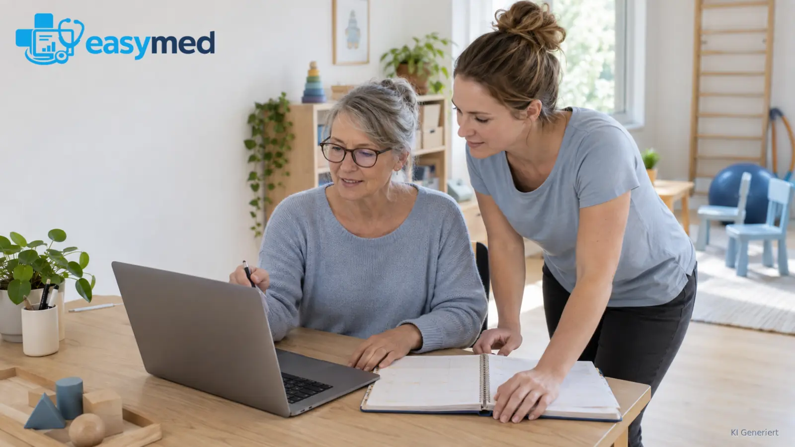 Kinderergotherapieteam gleicht Papierkalender und digitale Terminplanung ab.