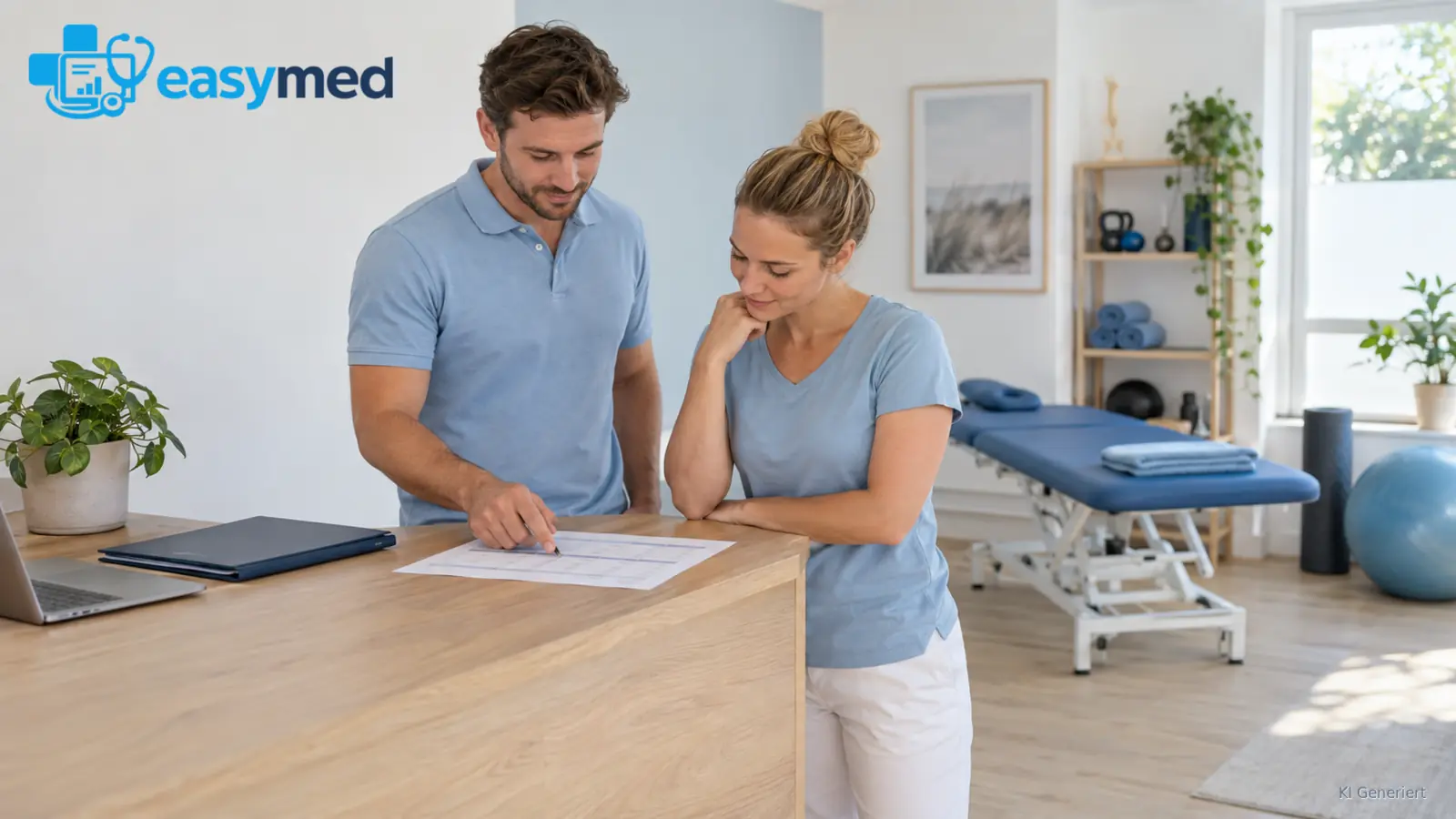 Zwei Physiotherapeuten stimmen die erste Arbeitswoche ihrer gemeinsamen Praxis ab.