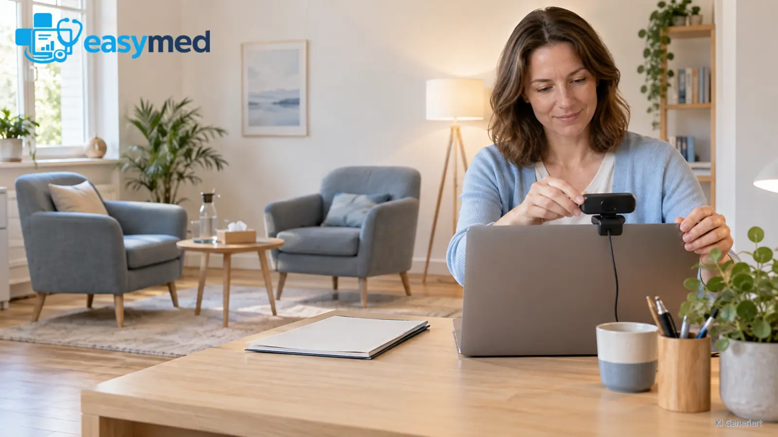 Psychotherapeutin bereitet den Arbeitsplatz für digitale und persönliche Kontakte vor.