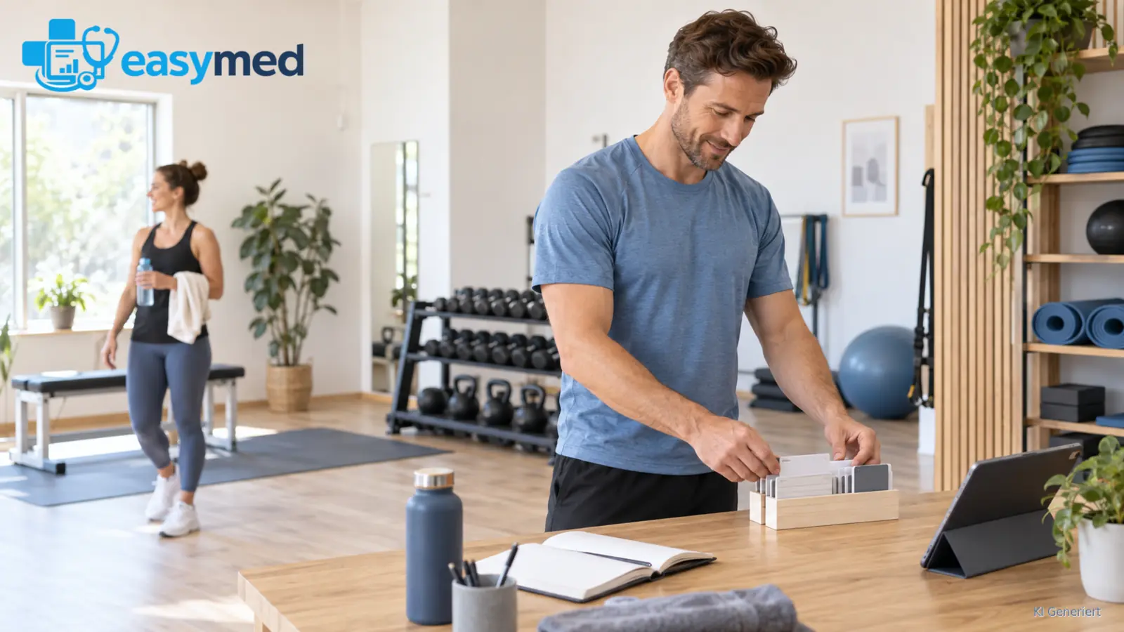 Personal Trainer plant wiederkehrende Trainingseinheiten am Arbeitsplatz im Studio.
