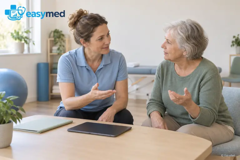 Eine Therapeutin und eine ältere Patientin sprechen am Tisch; davor liegen ein Tablet und eine geschlossene Mappe.