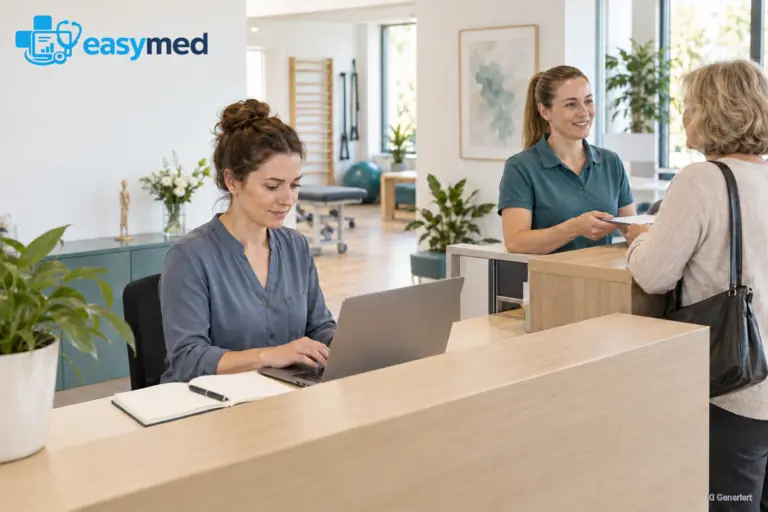 Eine Mitarbeiterin arbeitet am Laptop, während ihre Kollegin den Empfang einer Therapiepraxis übernimmt.