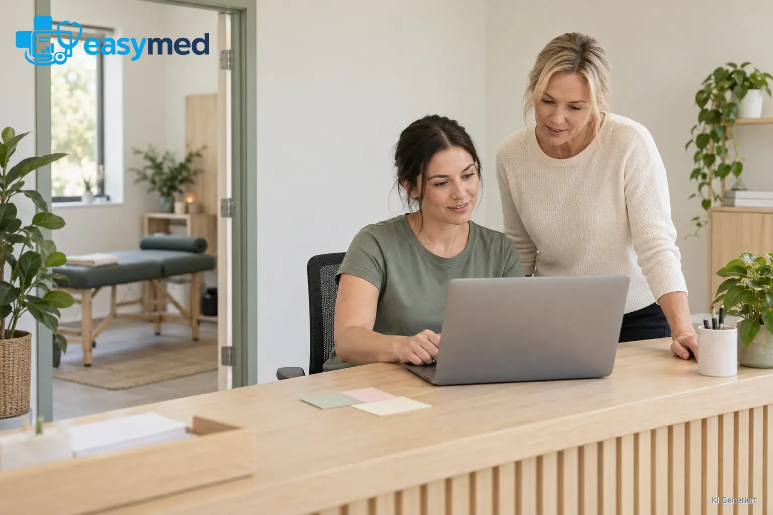Praxisleiterin und Empfangskraft betrachten gemeinsam einen Laptop am Empfang einer Physiotherapiepraxis.