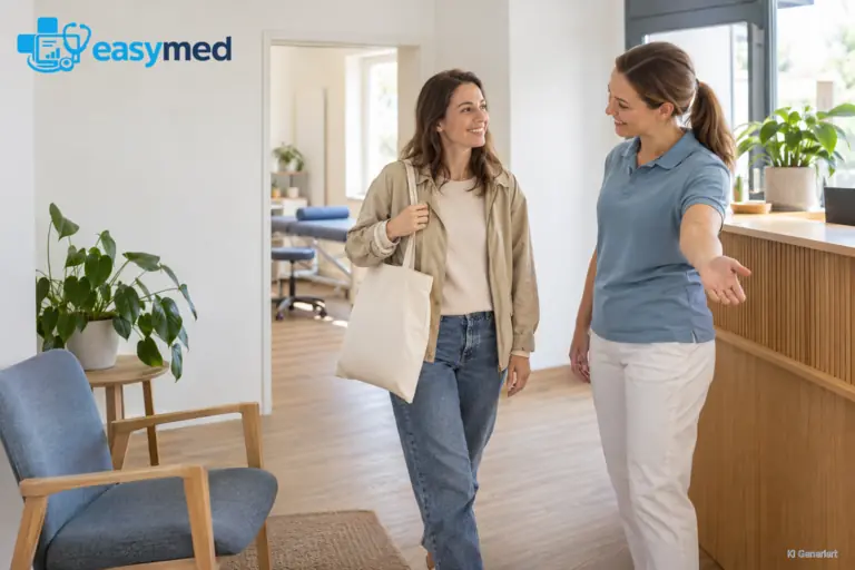 Eine Therapeutin begrüßt eine neue Patientin und zeigt ihr den Wartebereich einer hellen Therapiepraxis.